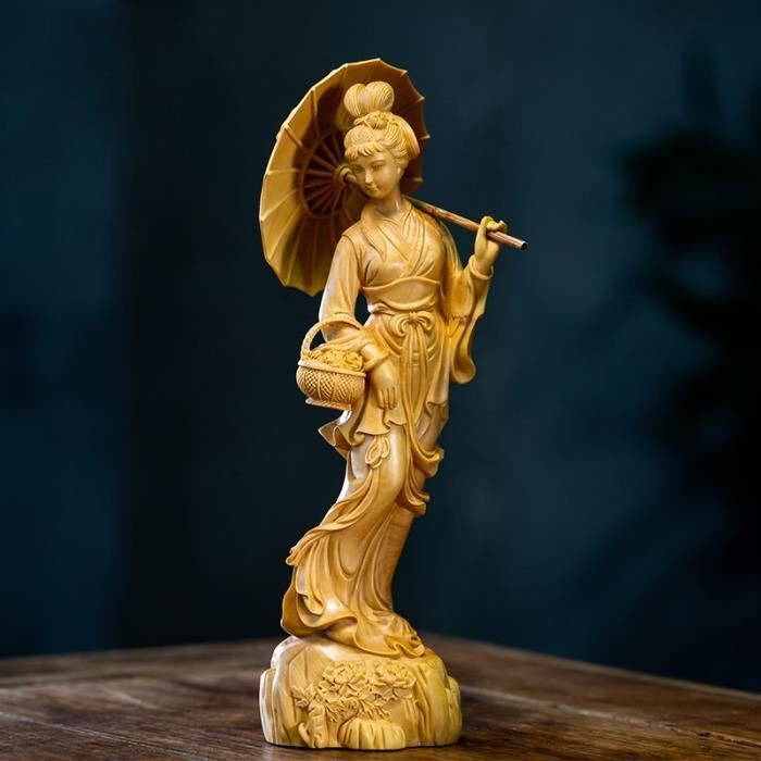 Statuette En Bois Massif Fait Main - Petite Sculpture Sur Socle Marron - Occasion