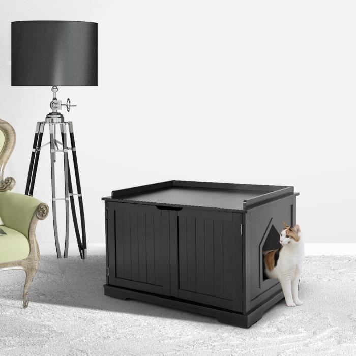COSTWAY Maison pour Chats Niche 2 Compartiments avec Chatière 1 Panneau Amovible et 2 Portes 75 x 54 x 52cm Noir COSTWAY Maison pour Chats Niche 2 Compartiments avec Chatière 1 Panneau Amovible et 2 Portes 75 x 54 x 52cm Noir