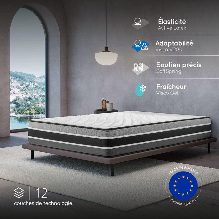 Matelas FELIS 180X200 cm-Hybride-30 CM-Ressorts Ensachés-Mémoire de Forme-Mousse HR 35 kg-Latex-Confort mi-ferme-Réversible
