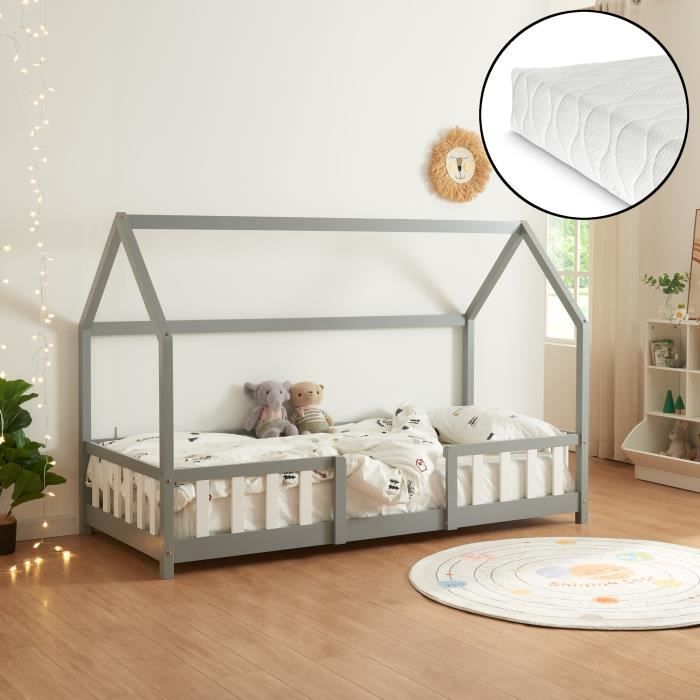 Lit denfant Forme Maison Sisimiut avec Matelas &agrave; Mousse &agrave; Froid 200 x 90 cm Gris Clair Blanc