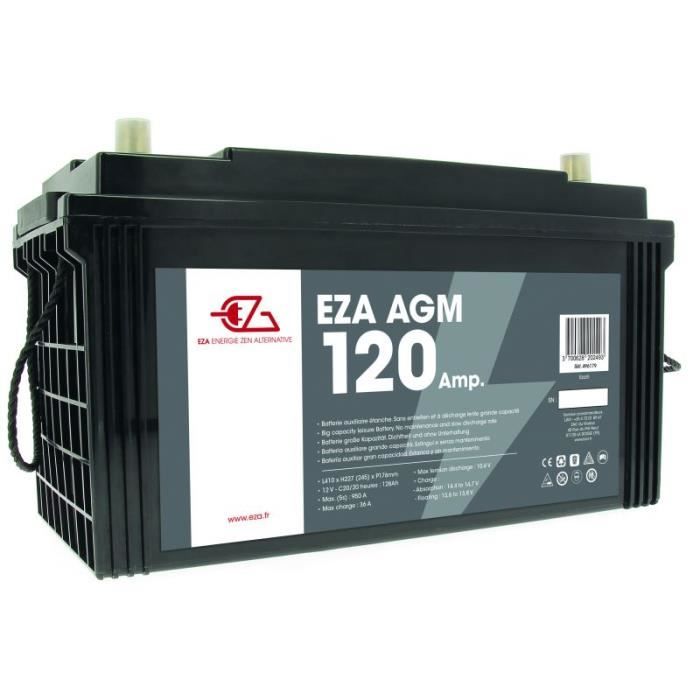 EZA Batterie Auxiliaire AGM 120Ah Etanche et Sans Entretien Camping-Car Noir