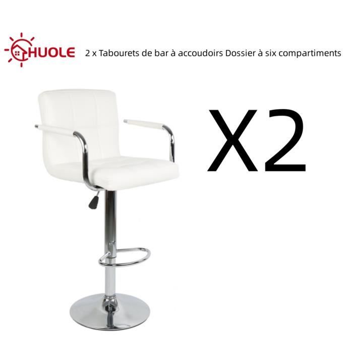 HUOLE 2 x Tabourets de bar à accoudoirs Dossier à six compartiments + coussin de siège à neuf Blanc pur H 87-107 cm