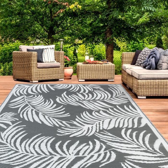 ID MARKET - Tapis extérieur COCO tropical gris et blanc 180x280 CM