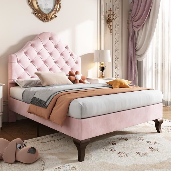 lit capitonné simple 90 x 200 cm en velour rose, tête de lit réglable, sommier à lattes en bois, pour fille, rose
