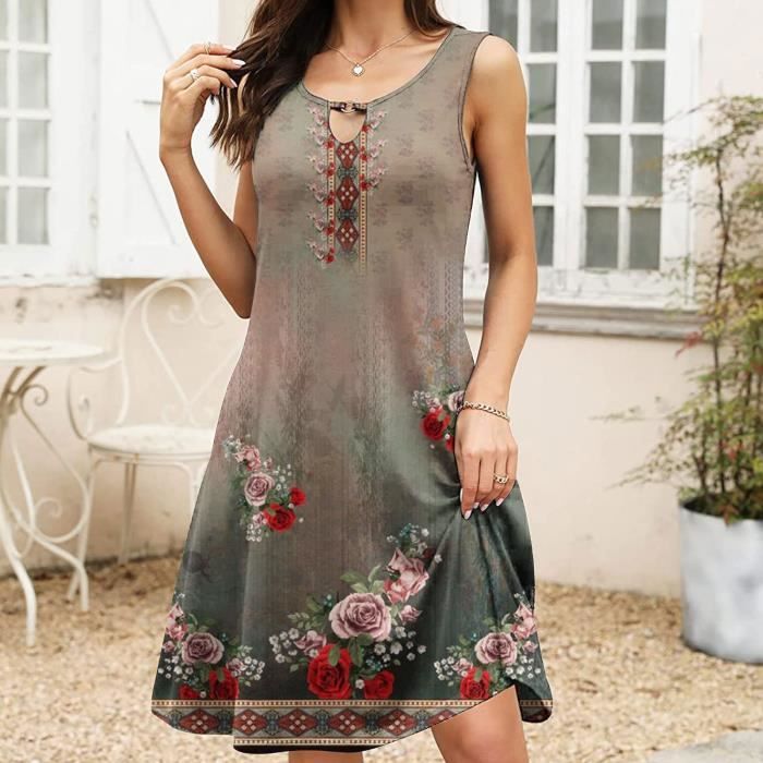 Robe maxi sans manches ?� col rond et ?� la mode pour femmes, robe polyvalente ?� la mode XL Argent 