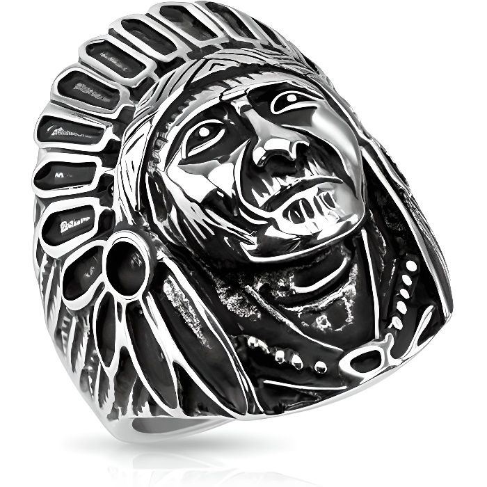 grosse bague chevalière homme acier tête de chef indien apache plumes biker (59)