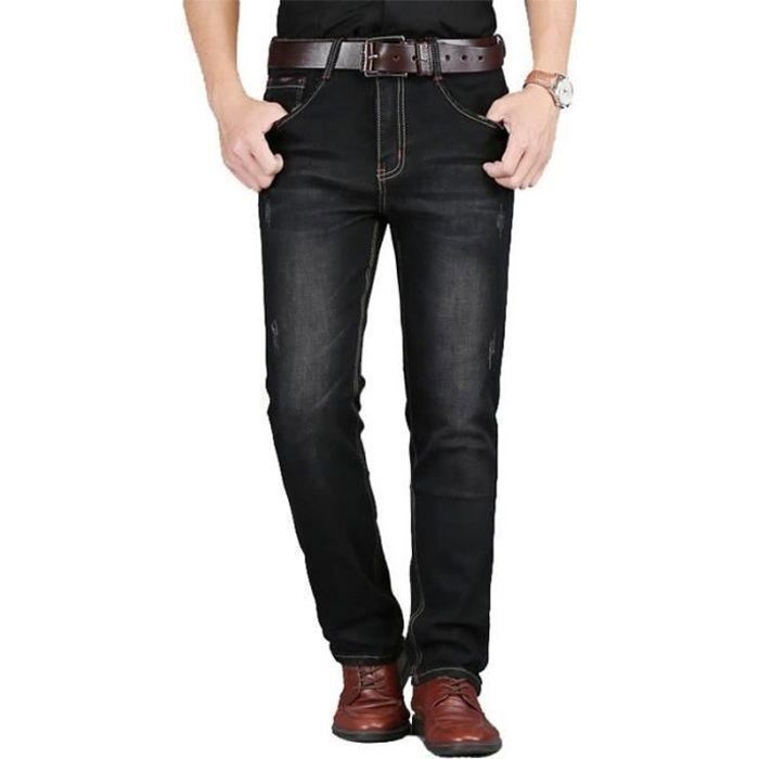 Pantalon en Jeans Homme Coupe Droite Grande Taille Jean Stretch Poches  Effet Abrasion et Délavé Noir - Main Image