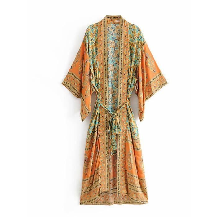 Robe,Fitshinling Kimono de plage en coton imprimé Floral, ceinture, Vintage, bohème, Slim