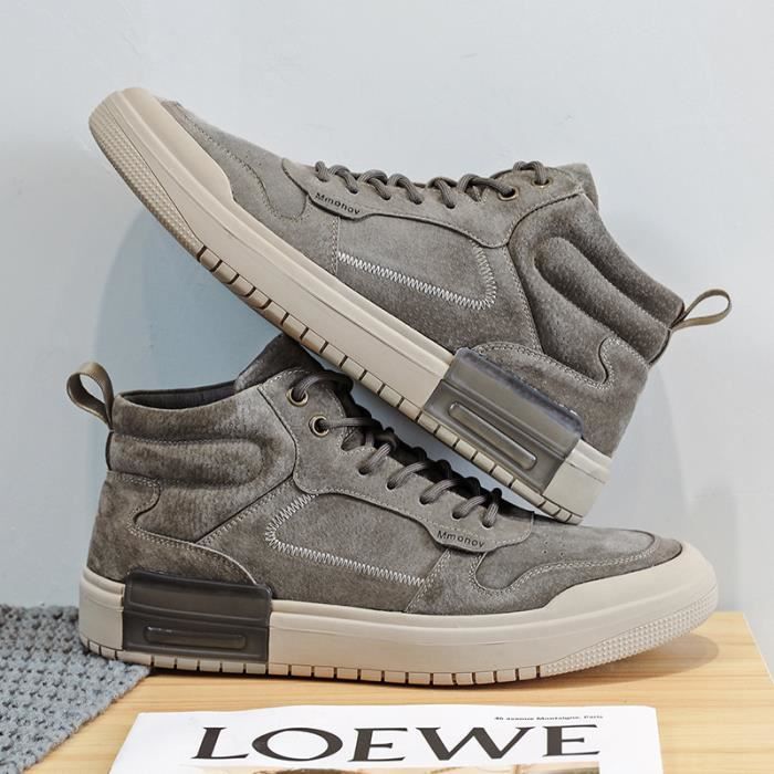 Sneakers Mode Homme en Cuir Vintage Casual Couleur Unie Gris