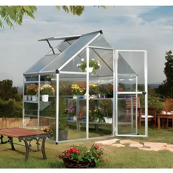 Serre de jardin en polycarbonate Hybrid 2,33 m², Couleur Vert, Ancrage au sol Non