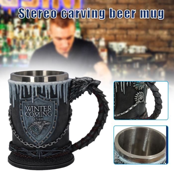 Stark Tankard De Game Of Thrones Mug Tasse En Acier Inoxydable De Sculpture 3d Pour La Fete D Anniversaire Pour Le Bar Cdiscount Maison