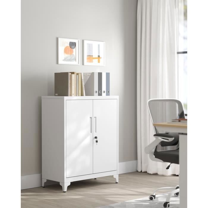 Caisson de Bureau avec 2 Portes Verrouillable en Acier pour Bureau Salon Blanc Mat Caisson de Bureau avec 2 Portes Verrouillable en Acier pour Bureau Salon Blanc Mat