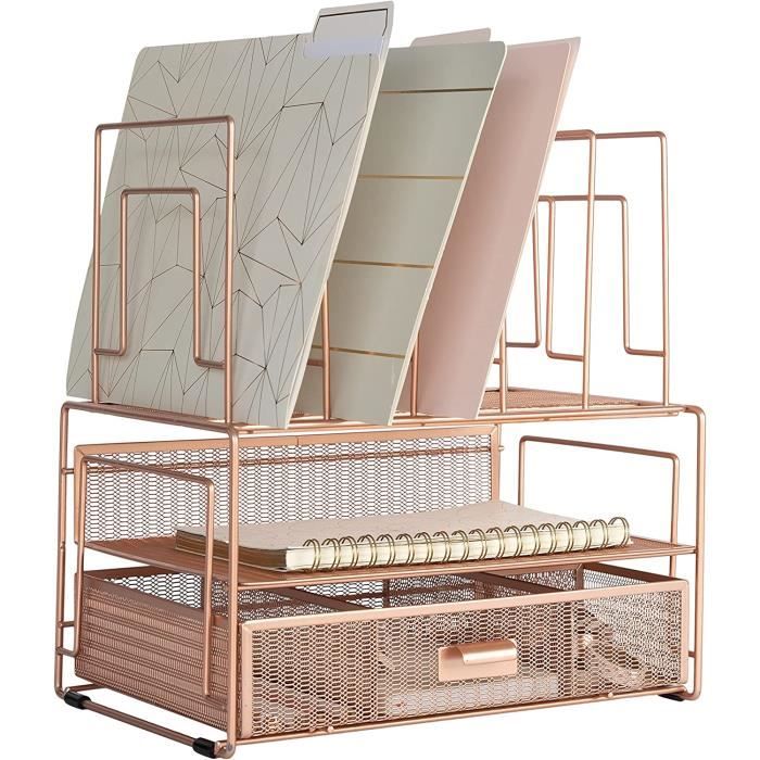 Organisateur De Bureau Gianotter Or Rose – Double Bac + 5 Compartiments Verticaux + Tiroir Coulissant, Design Moderne Et Pratique