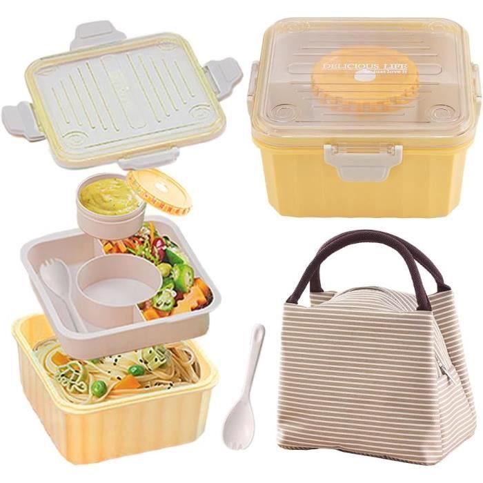 Boîte Repas Bento 2 étages - 2000ml Avec 4 Compartiments - Kit Complet Couverts, Sauce Et Sac Isotherme - Micro-ondes Et Lave-vaisselle - 4