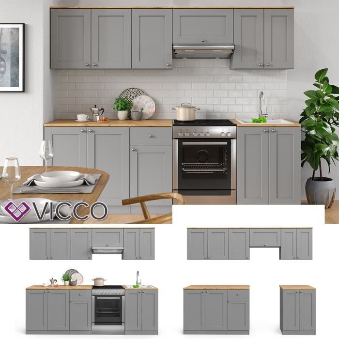 Vicco Fame- Line Meuble de cuisine complet - 240 cm sans plan de travail Chêne Vert