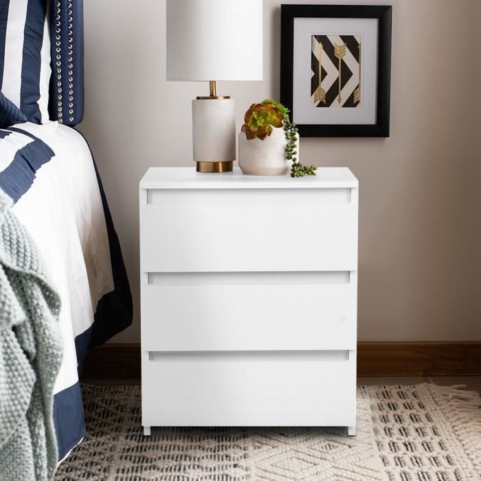 Commode Blanche 3 Tiroirs Avec Prises USB - Meuble Rangement Chambre Ou Bureau - Design Moderne Et Fonctionnel