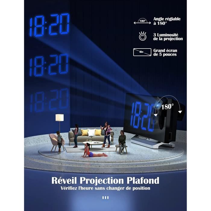 Réveil Projection Exmate - Affichage RGB 7.5", Double Alarme, USB Charge - Projection Plafond Rotative 180°