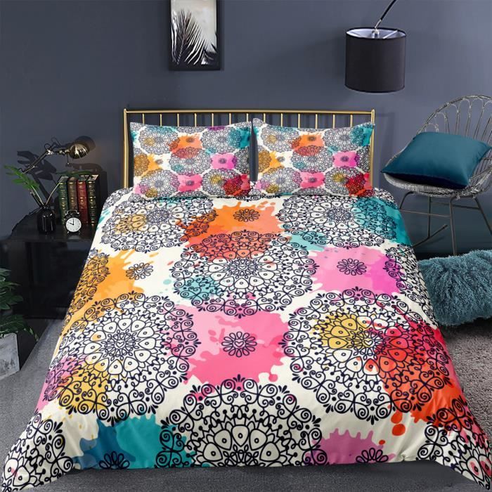 Parure De Lit 3 Pièces Motif Mandala Boho - Housse Couette 220x220cm + 2 Taies 65x65cm, Microfibre Douce, Fermeture éclair - 10