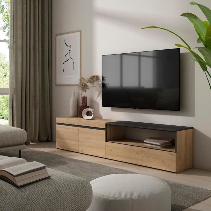 Meuble TV Design Industriel En Chêne Et Métal Noir | Grand Rangement | 240 Cm | Style Moderne | Skraut Home