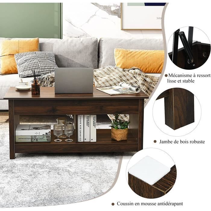Table Basse Relevable Moderne Avec Rangement - Plateau Levant, Compartiment Caché, 100x50x45cm, Charge 95kg
