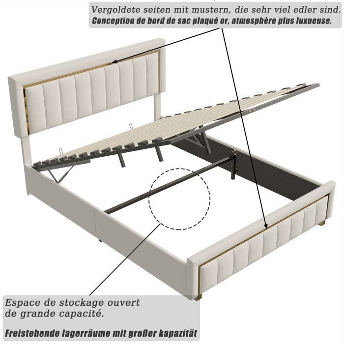 Sapgaks Lit En Velours 160 X 200 Cm Avec Sommier Et 2 Tiroirs, Tapissé Avec Espace De Rangement, Dossier Et Double Pour Adultes