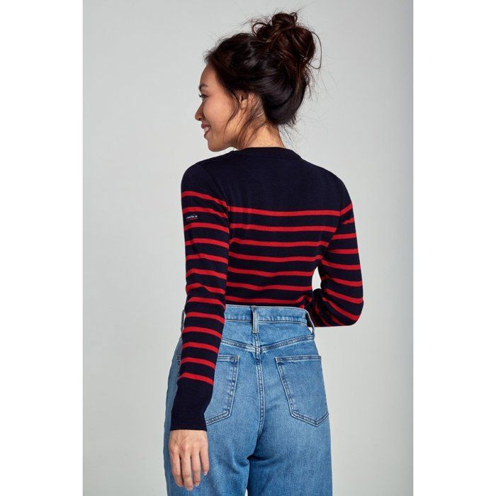 Armor Lux Pull Marin rayé Briac - Laine mérinos, Rich Navy, 40