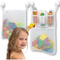 2pcs sac en filet de rangement pour salle de bain en maille + 6 crochets ultra résistants, sac de rangement pour jouets pour enfants