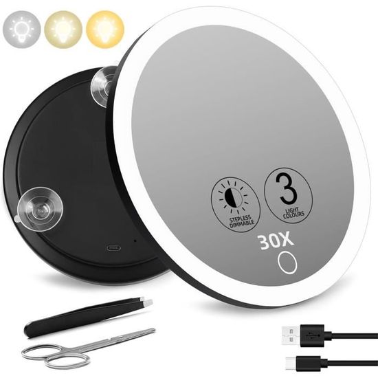 Miroir Grossissant 30x Avec Lumière LED - 15cm Avec Ventouses - Pour Maquillage Précision