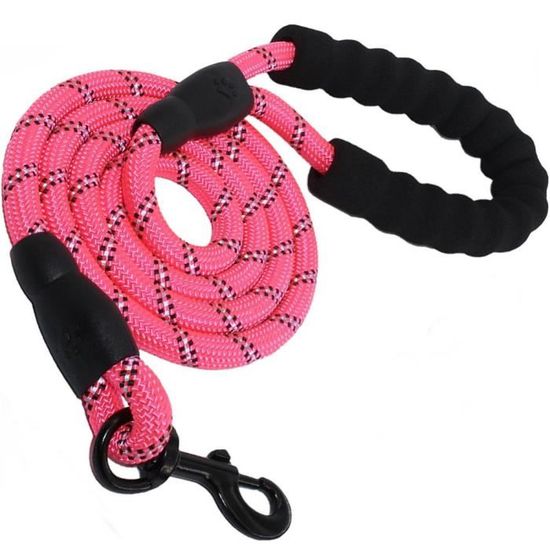 1 LAISSE CHIEN corde nylon ROSE solide - poignée rembourrée chien moyen ou grand - mousqueton métal - réfléchissant : 150 x 1.2 cm