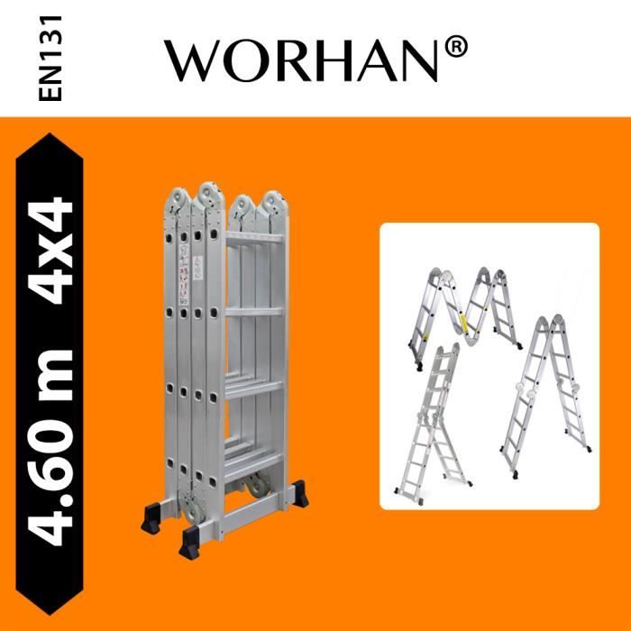 WORHAN® 4.6m Échelle Aluminium Multifonction Polyvalente Escabeau Échafaudage Multi-usage ALU Modulable Pliable KS4.6