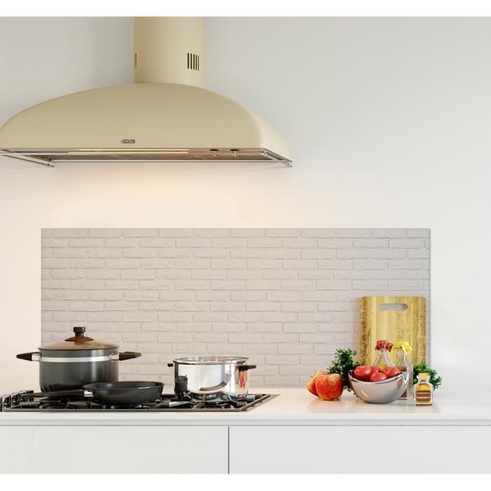 Crédence de cuisine adhésive en Panneau composite aluminium -Texture brique blanche- L. 120 x H. 50 cm