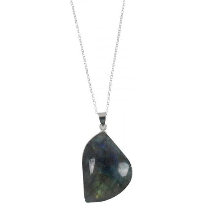 Collier argenté + pendentif pierre de Labradorite naturelle Forme libre Gris