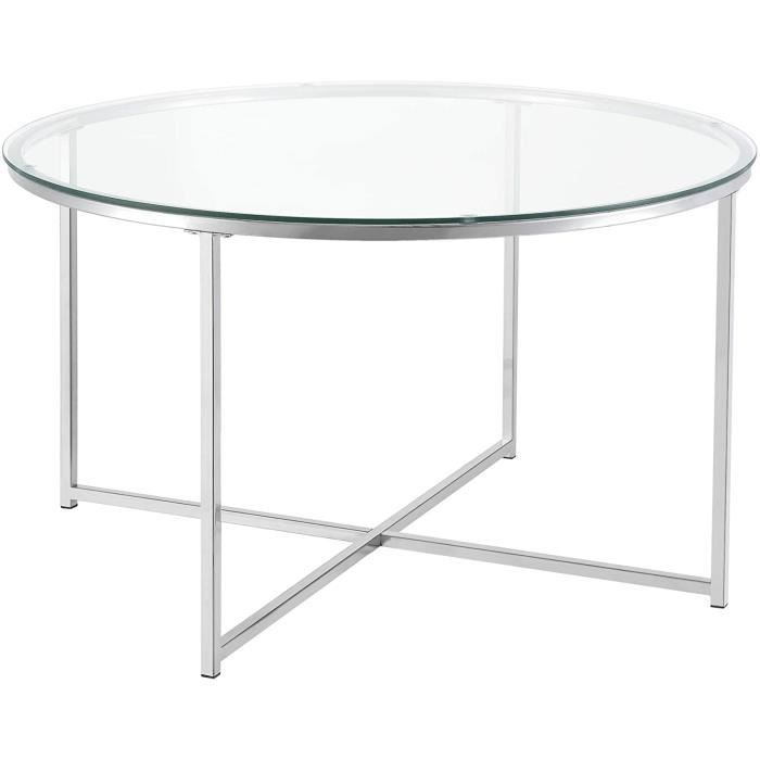 Table Basse pour Salon Table Ronde Design Plateau en Verre Pieds Croisés en Acier 80 x 48 cm Argenté183