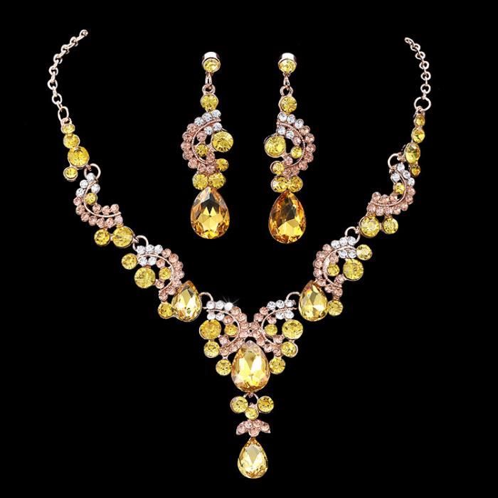 Collier Femme Coeur,Ensemble Deux Pièces de Collier et Boucles d'oreilles Colorés,Ensemble de Bijoux Bleu Champagne-Jaune-4