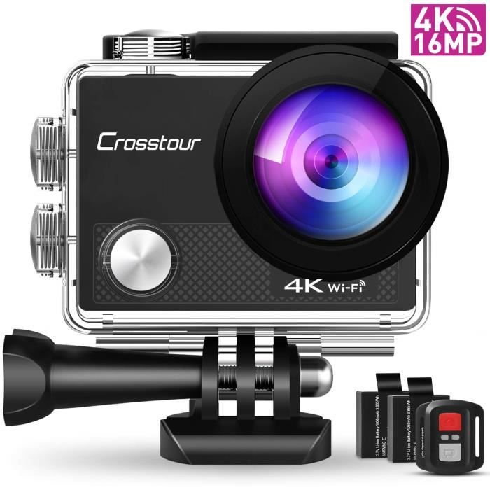 Crosstour Caméra d'action 4K 16 MP WiFi Caméra sous-Marine étanche 30 m avec télécommande 2 Piles et 19 Accessoires de Montage