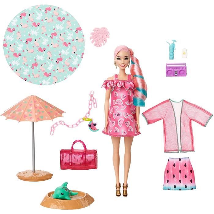 Barbie ColorReveal avec Mousse parfume poupe et animal avec 25lments mystre dont 19 sachets surprise Thme Pastque jouet pour [1152]