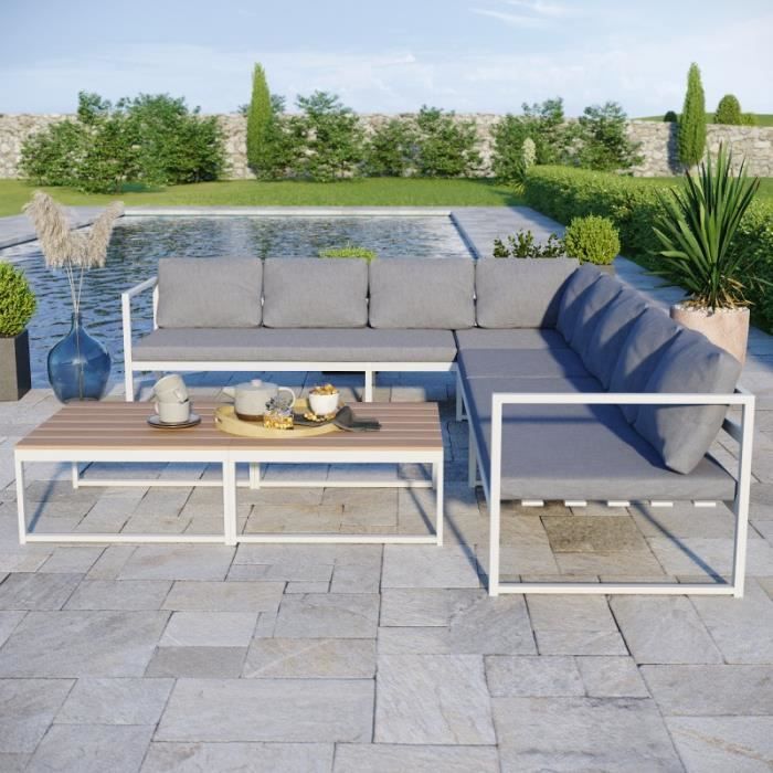 Salon modulable relevable de jardin en aluminium design convertible- Blanc Gris - TORINO