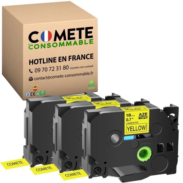 COMETE - 3 Rubans TZe-641 Tz 641 Tze641 Compatible pour Étiqueteuse Brother P-Touch - 18mm x 8m - Noir sur Jaune