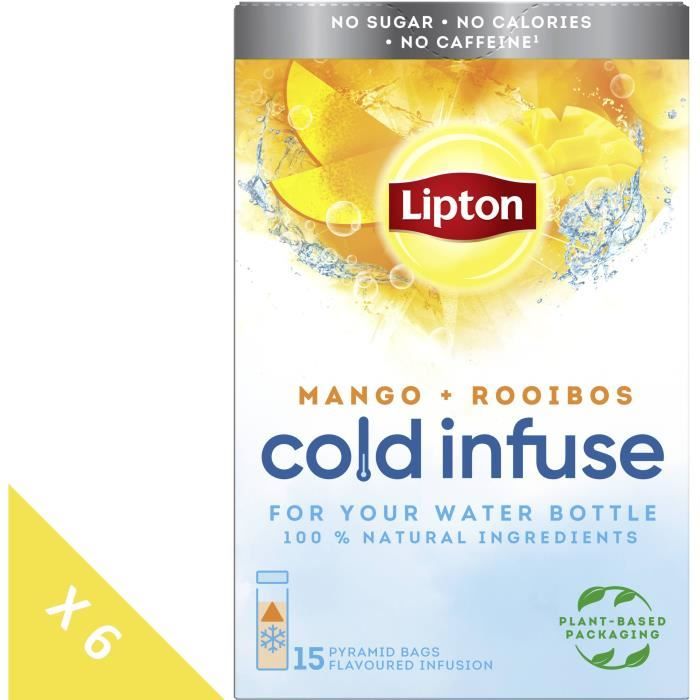 Lot de 6 LIPTON Infuse à Froid Mangue Rooibos, Boisson d'été rafraichissante, Eau aromatisée healthy (6x 15 Sachets Pyramid)