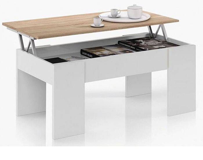 Table basse relevable coloris blanc artik- chêne canadien -100 cm (longueur) x 50 cm (profondeur) x 45-55 cm (hauteur)