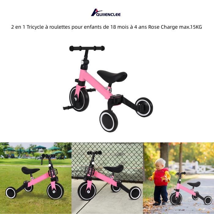 QUIIENCLEE 2 en 1 Tricycle à roulettes pour enfants de 18 mois à 4 ans Rose Charge max.15KG