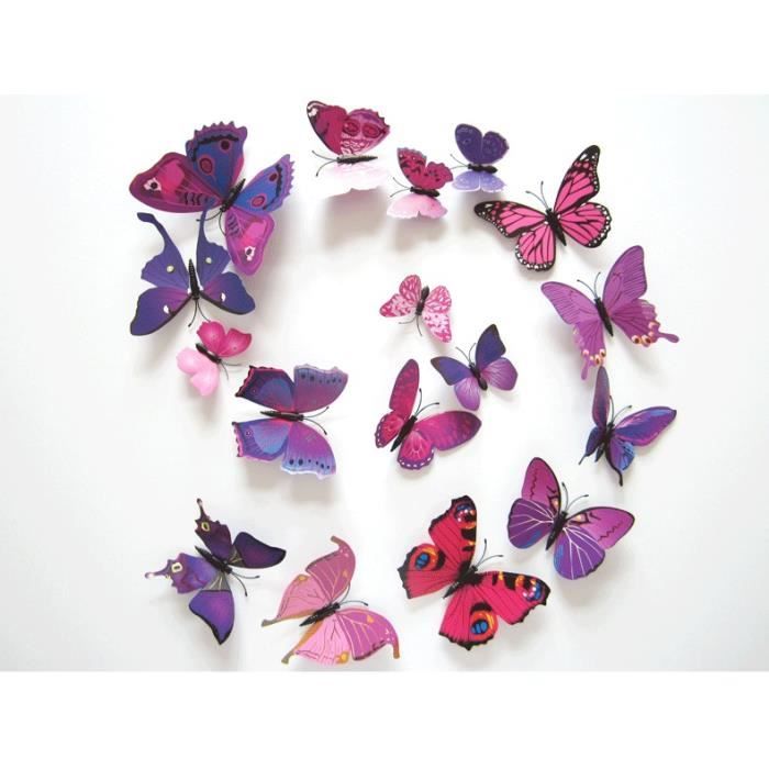TRIXES Lot de 12 Papillons Magnétiques Roses et Violets 3D Décoration à Coller sur un Mur