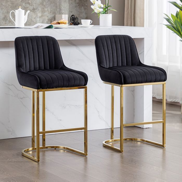 Wahson Chaise de Bar en Velours Chaise Bar Pied Doré Tabouret Bar Lot de 2 Tabouret de Bar avec Coussin Épais Noir