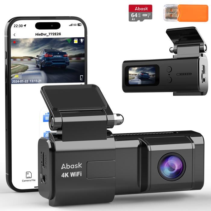 Dashcam ABASK 4K WiFi Avec Double Caméra – Avant 170° 4K + Intérieur 140° 1080P | 24h Surveillance, Capteur G, Carte 64G Incluse