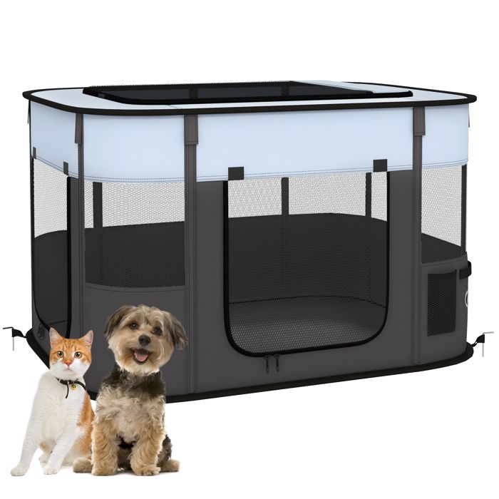 Parc pour chien - PawHut - pliable - tissu Oxford - avec poches de rangement - 94 x 74 x 60 cm - gris et noir