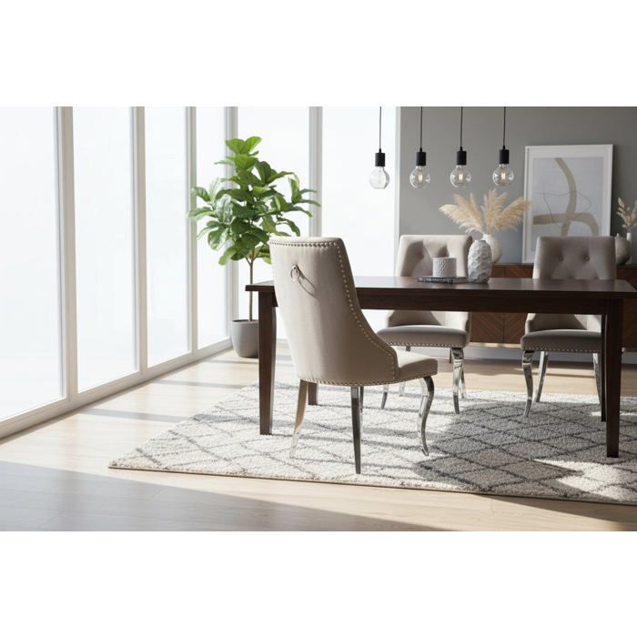 Lot 4 Chaises Salle à Manger Velours Moka Capitonnées Chrome ANNEAU