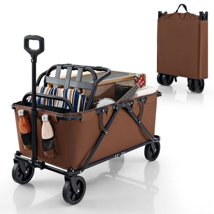 Chariot de Transport Jardin Pliable COSTWAY-Guidon Réglable-Porte-Bouteilles-Poche de Rangement-4 Roues-CampingPlageSport-Café