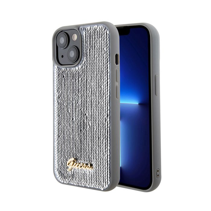 Guess Sequin Script Metal Coque pour iPhone 15