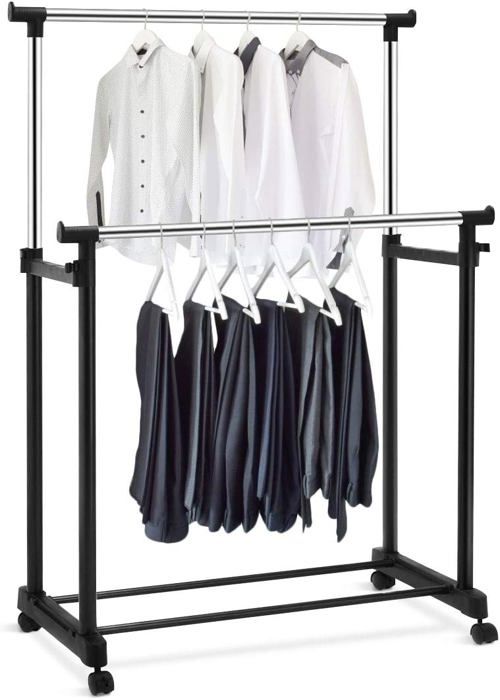 GOPLUS Porte-Manteau Mobile avec 2 Etagères-Portant Support à Vetements en Acier-Penderie Vestiaire-4 Roulettes 2 avec Freins