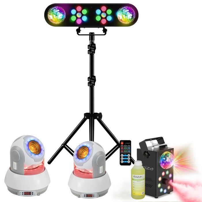 Pack Lumière Et Son Pour Soirée - 4 Projecteurs PAR Sur Support, Machine à Fumée + Liquide, 3 Effets Lumineux (strobos, Derby, Astro) - Pour Mariage, Fête, DJ - 5